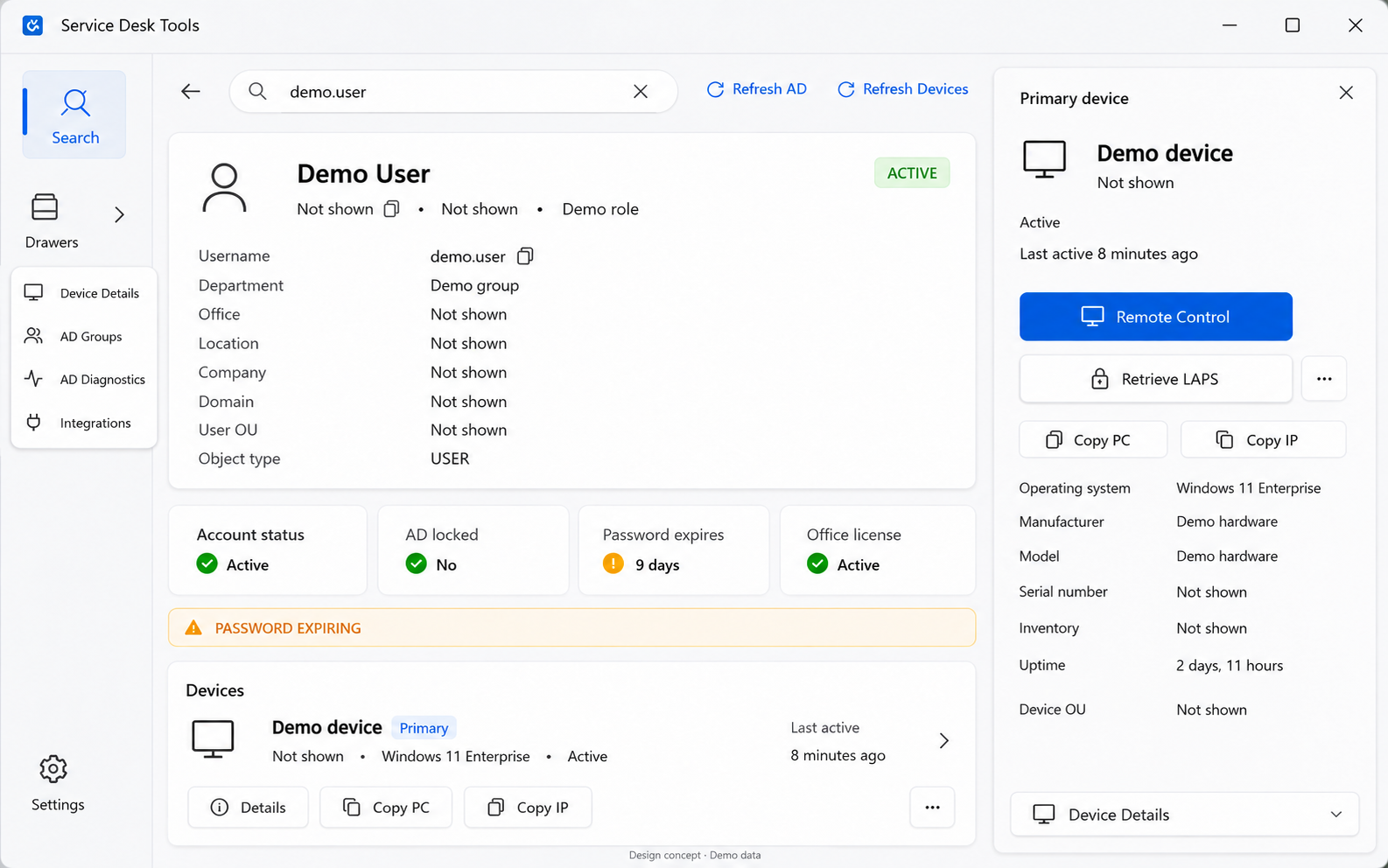 Service Desk Tools design concept with neutral demo account details and a device drawer.